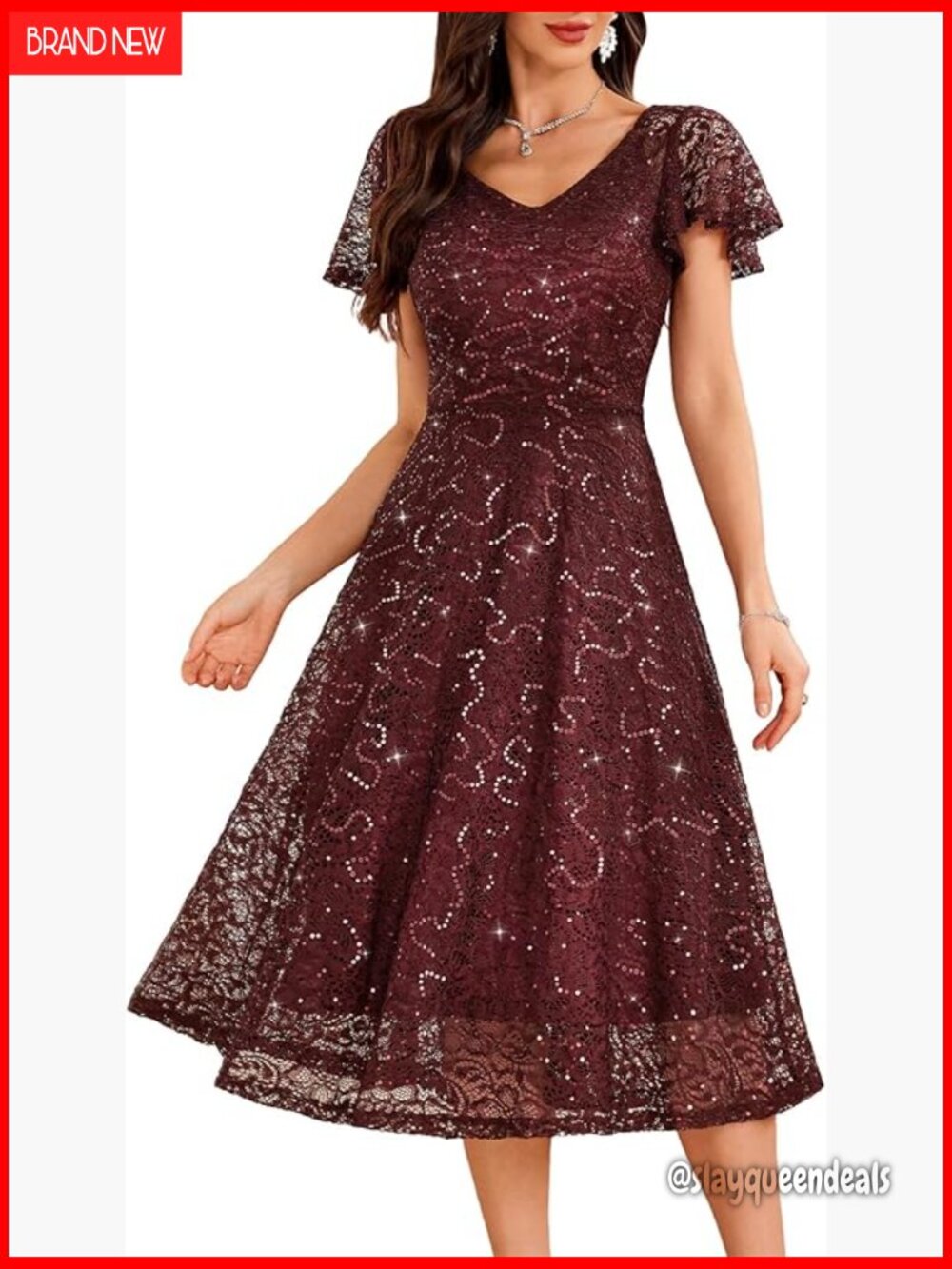 Women's V Neck Lace Sequin Midi A Line Cap Sleeve Cocktail Party Dress